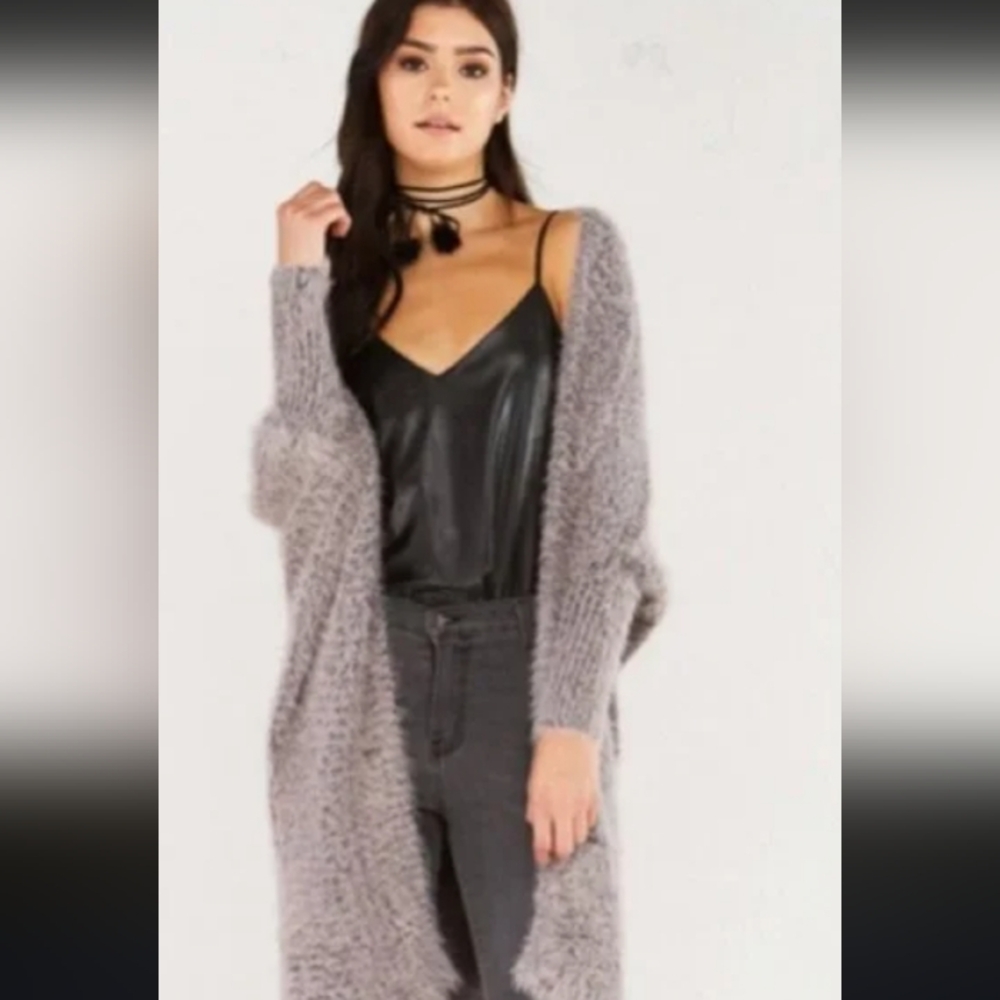 Hot & Delicious Soft Gray Angora Sweater Chunky Cardigan Blended Fluffy .